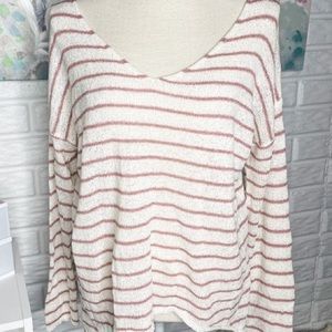 Eclat Creamy White Mauve Pink Striped Lightweight V Neck Sweater Top New